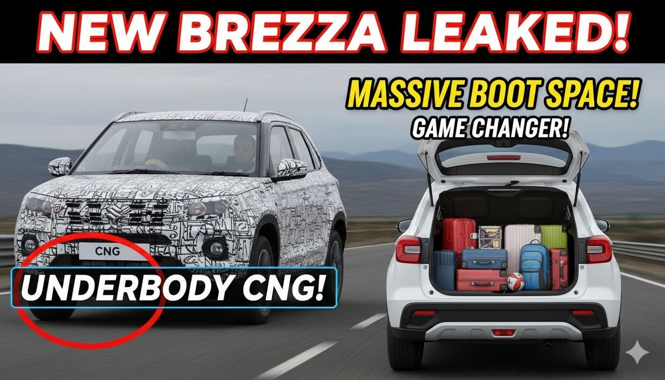 2026 मारुति ब्रेजा फेसलिफ्ट की लीक टेस्टिंग फोटो में अंडरबॉडी CNG सिलेंडर दिख रहा है।