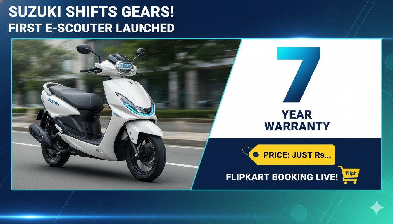 Suzuki e-Access इलेक्ट्रिक स्कूटर का फ्रंट व्यू, ब्लू कलर में।