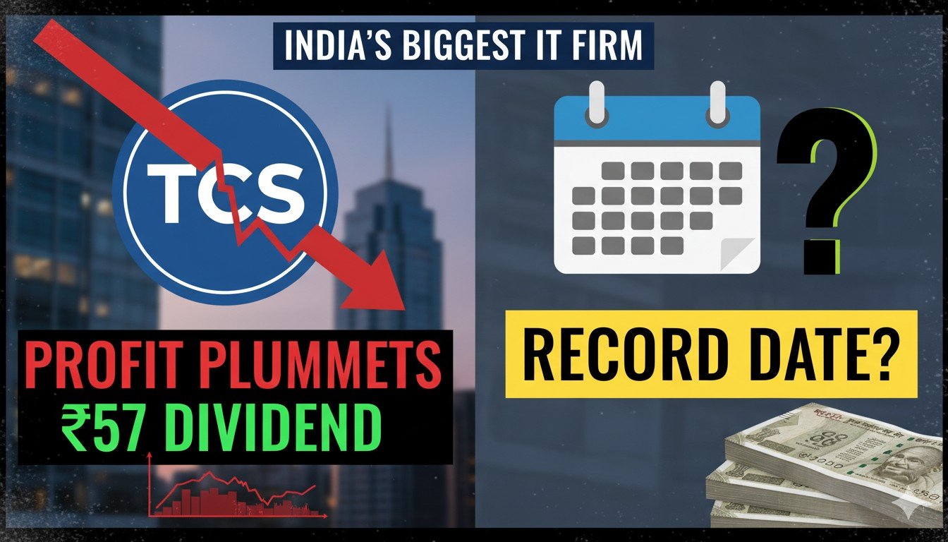 TCS logo with stock chart showing profit decline and dividend announcement