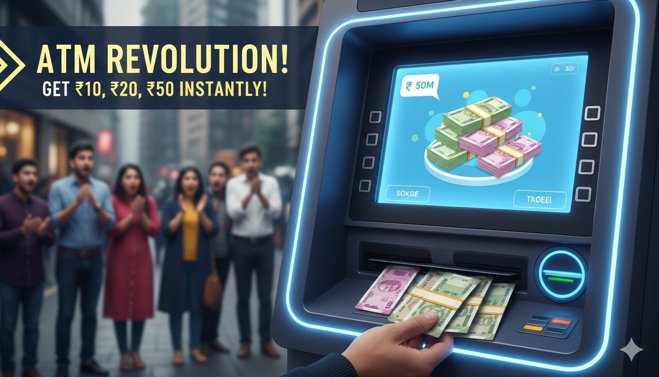 एटीएम मशीन से 10, 20 और 50 रुपये के नोट निकालते हुए व्यक्ति