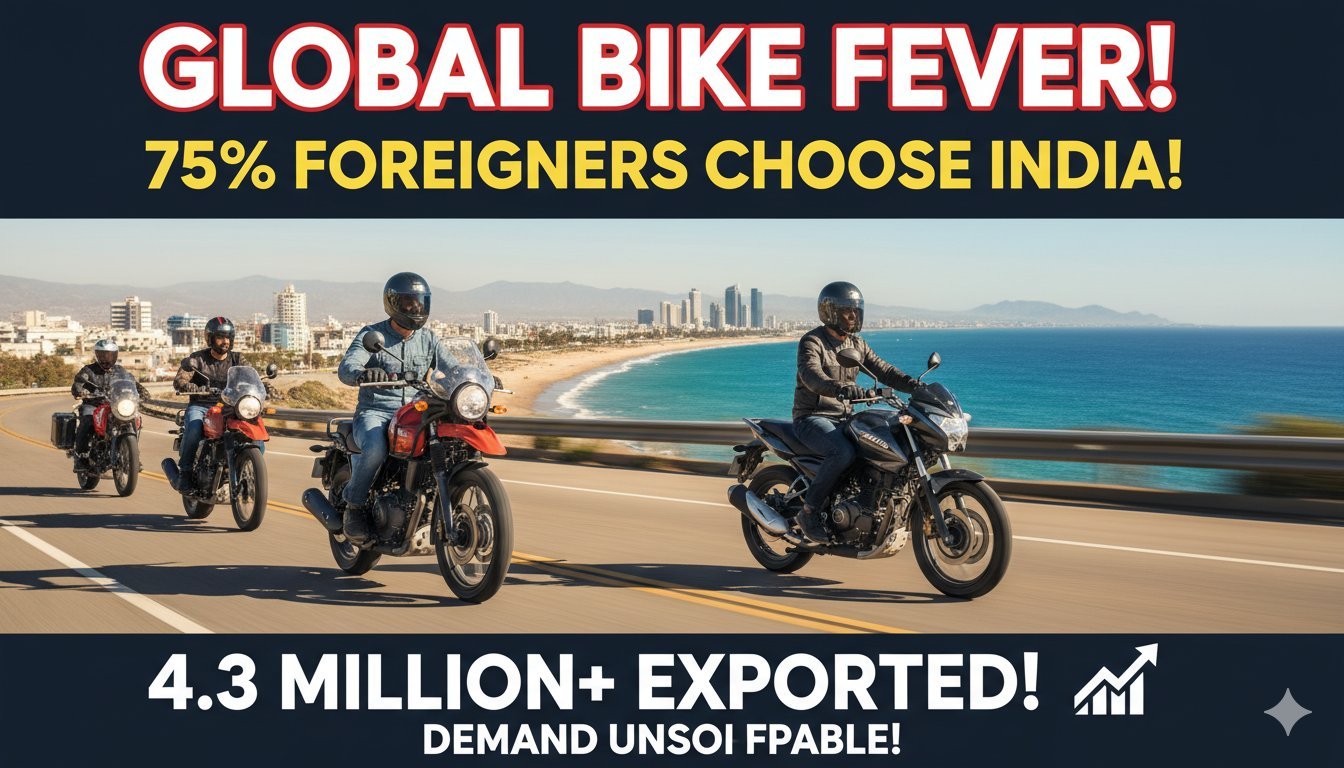 दो भारतीय कंपनियों की मोटरसाइकिल्स का विदेशी बाजार में रिकॉर्ड निर्यात दर्शाती छवि।