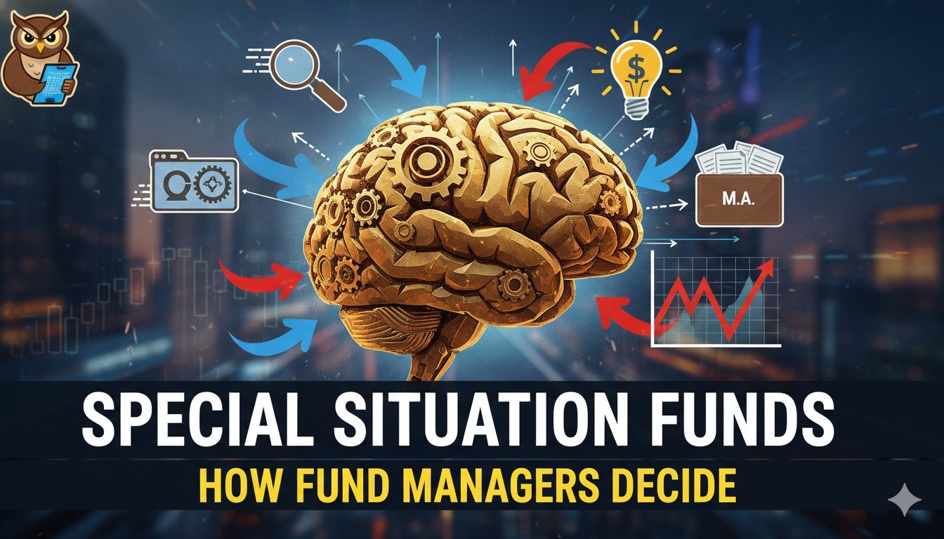 स्पेशल सिचुएशन फंड में फंड मैनेजर निवेश फैसले लेते हुए ग्राफ और चार्ट्स का विश्लेषण करते हुए।