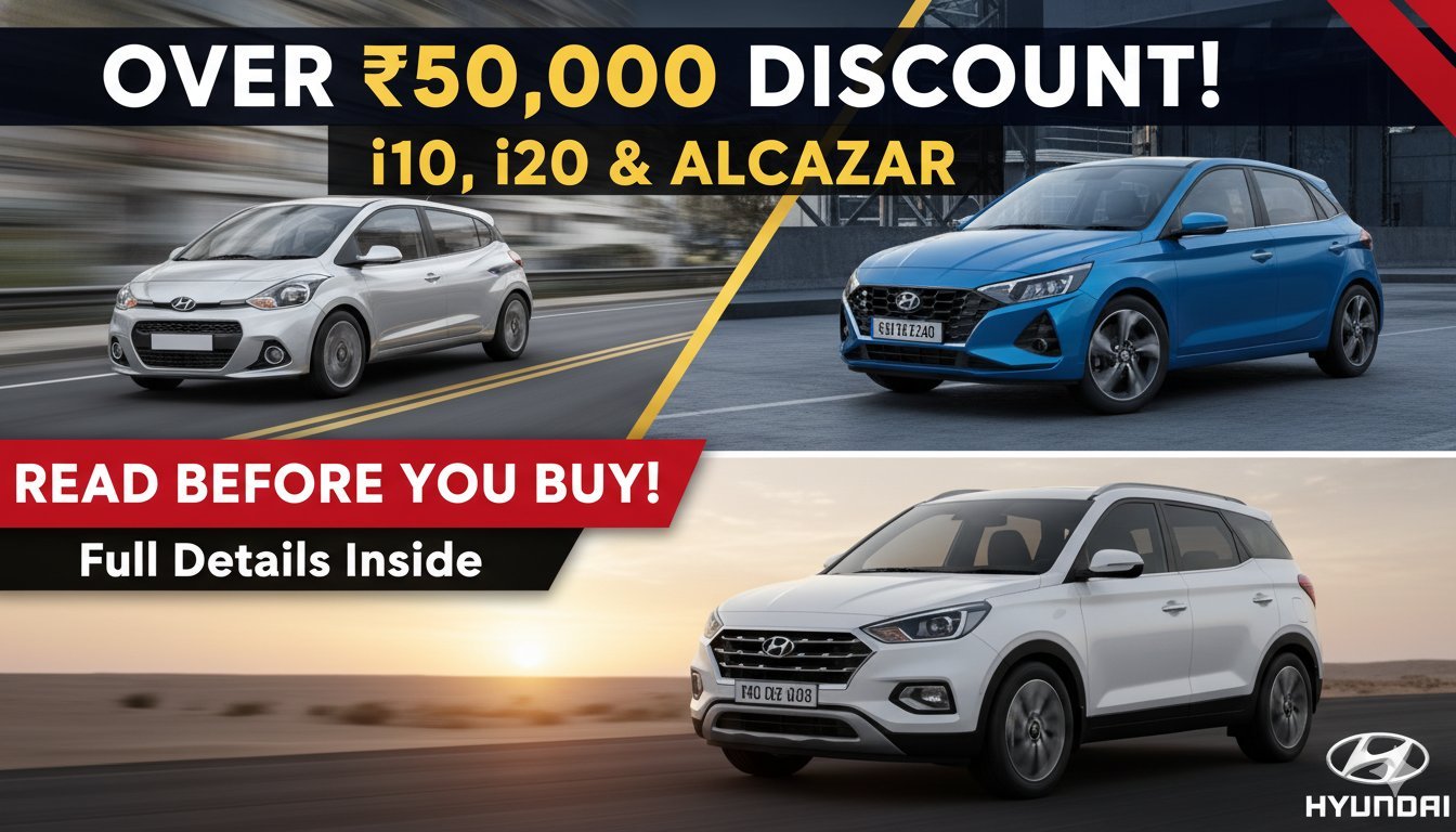 Hyundai Grand i10 Nios, i20 और Alcazar कारों पर डिस्काउंट ऑफर्स का विजुअल