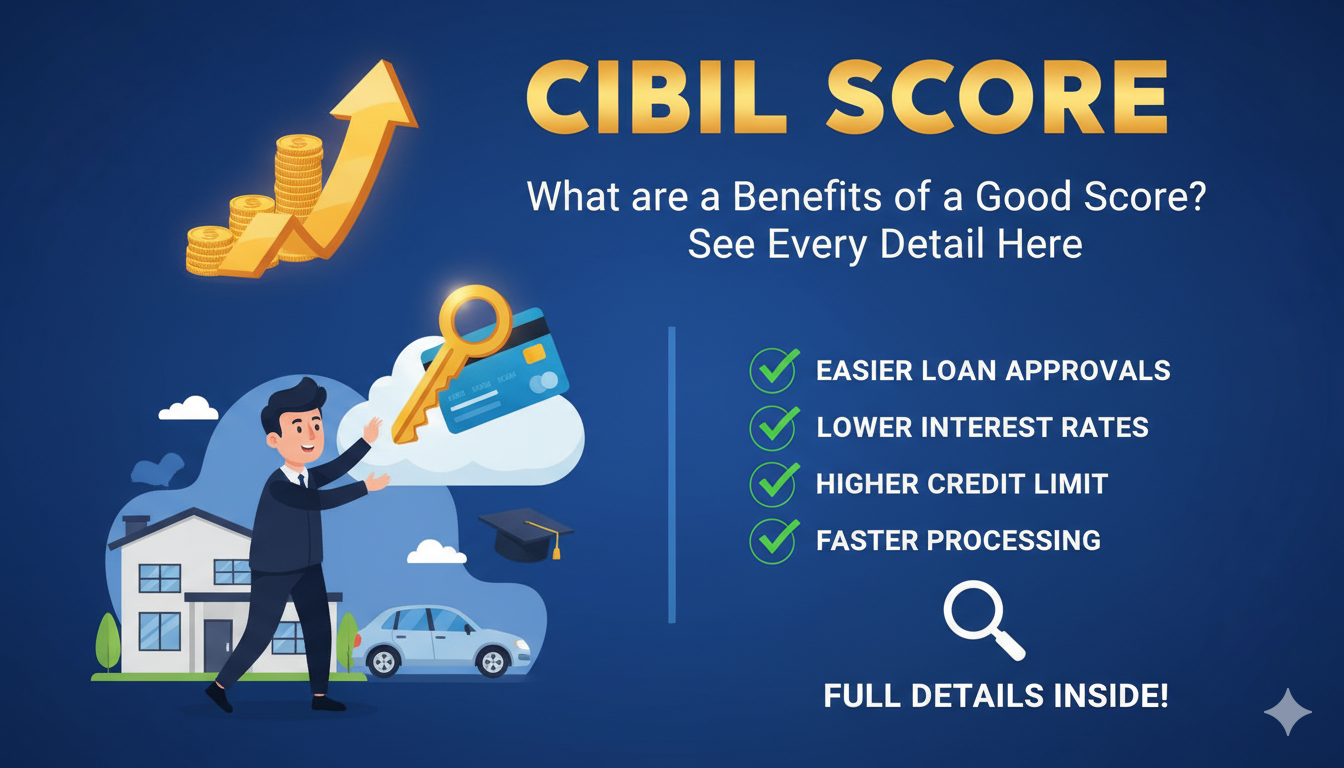 अच्छा CIBIL स्कोर दिखाने वाला ग्राफिक जिसमें 750+ स्कोर के फायदे जैसे कम ब्याज दर और आसान लोन अप्रूवल हाइलाइट हैं