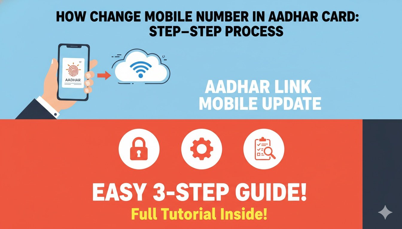 आधार कार्ड में मोबाइल नंबर अपडेट करने का स्टेप-बाय-स्टेप प्रोसेस दिखाता ग्राफिक, 2026 नया आधार ऐप