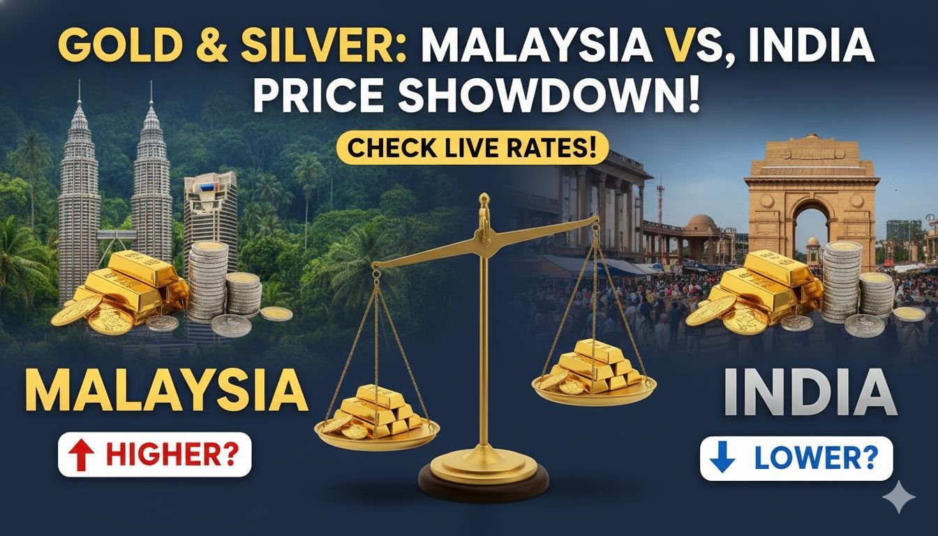 मलेशिया और भारत में सोने-चांदी के दामों की तुलना दिखाती हुई गोल्ड बार और सिक्कों की इमेज