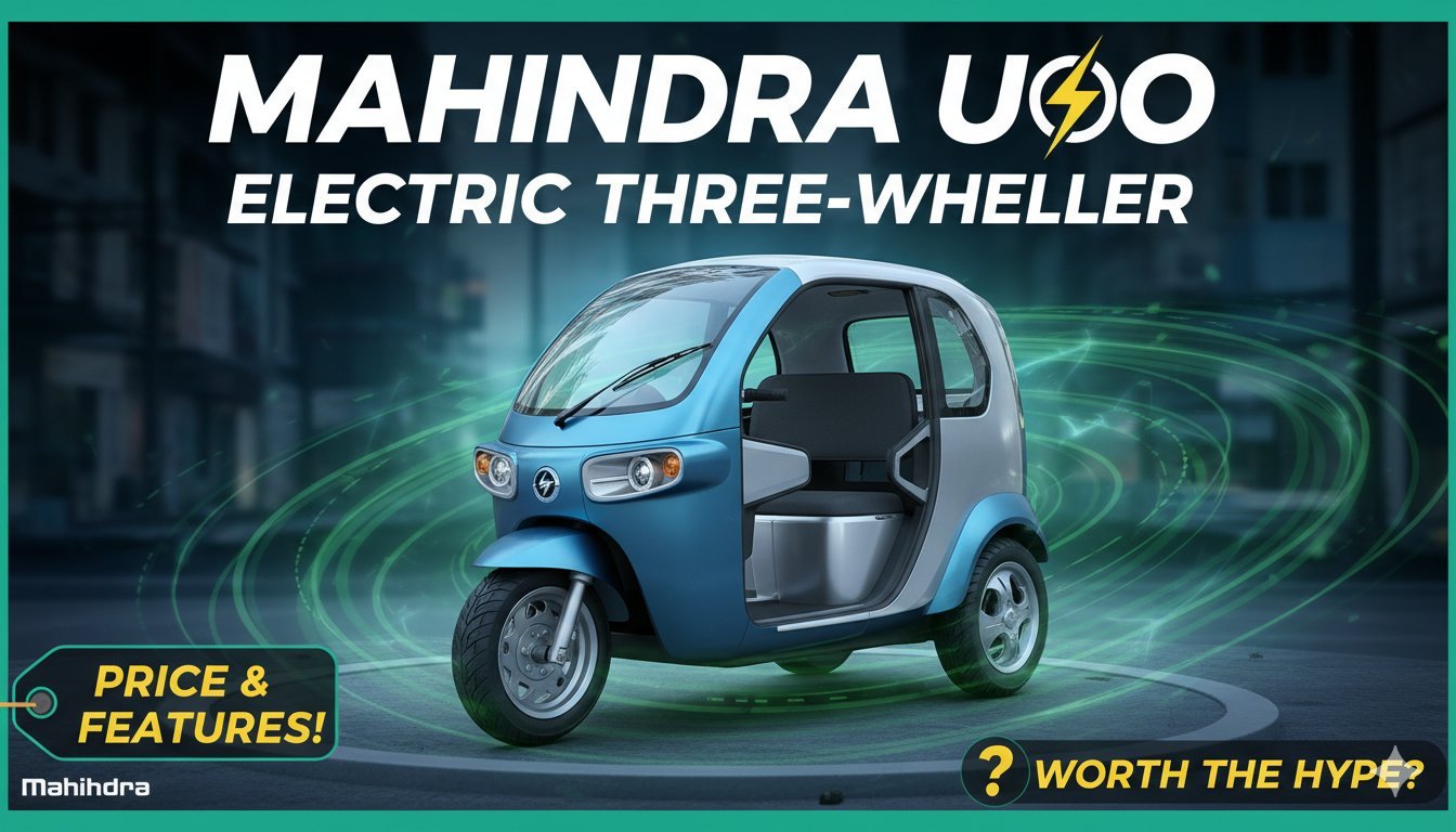 महिंद्रा UDO इलेक्ट्रिक तीन पहिया वाहन का फ्रंट व्यू, हवाई जहाज से प्रेरित डिजाइन के साथ