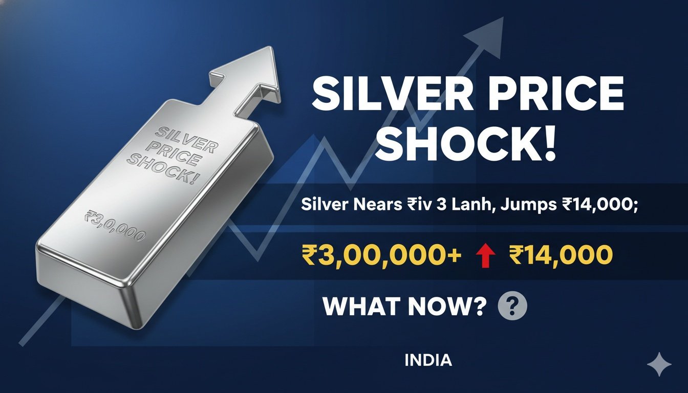 Alt Text for featured image : चांदी के सिक्के और बार्स के साथ बढ़ती कीमतों का ग्राफ दिखाता हुआ इमेज, भारत में ₹3 लाख प्रति किलो के आसपास चांदी का भाव