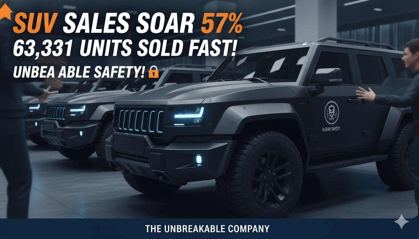 Alt Text for featured image : टाटा मोटर्स की लोकप्रिय SUVs जैसे Nexon, Punch और Harrier की लाइनअप दिखाती इमेज, जिसमें 63,331 यूनिट्स बिक्री और 57% ग्रोथ का ग्राफिक ओवरले