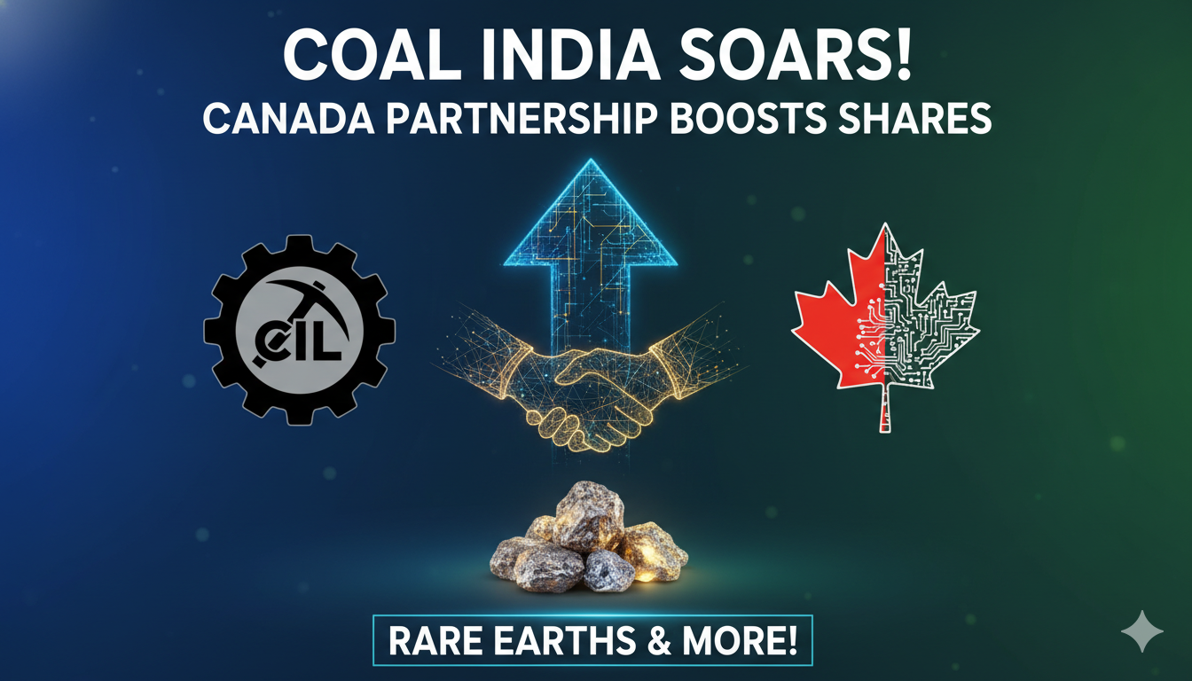 कोल इंडिया शेयर की तेजी और कनाडा साझेदारी पर ग्राफिक्स दिखाते हुए स्टॉक चार्ट