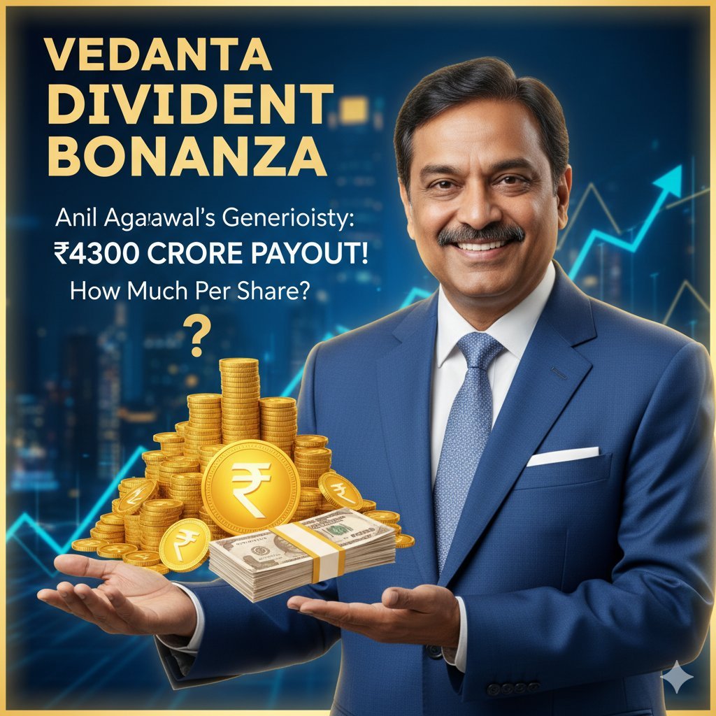 वेदांता लिमिटेड का लोगो और डिविडेंड घोषणा का ग्राफिक, ₹11 प्रति शेयर और ₹4300 करोड़ पेआउट दिखाते हुए