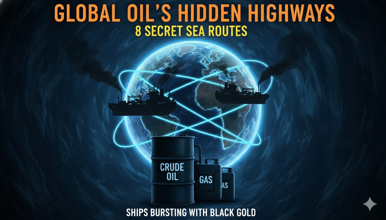 दुनिया के प्रमुख तेल चोकपॉइंट्स का मानचित्र जिसमें Strait of Hormuz, Malacca और अन्य संकरे समुद्री मार्ग दिखाए गए हैं