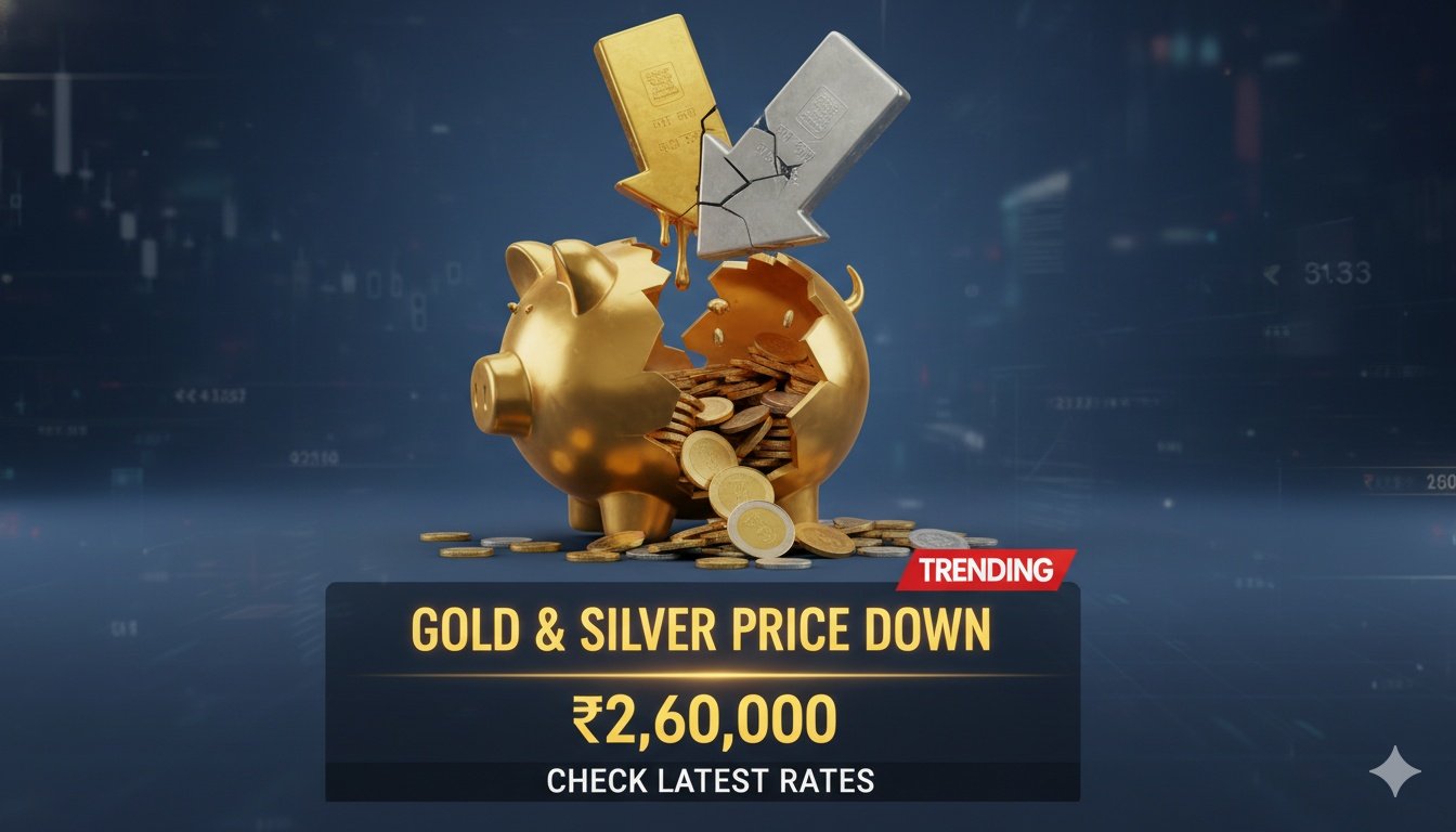 सोने और चांदी के सिक्के और बार के साथ गिरते भाव का ग्राफ दिखाता हुआ इमेज, भारत में आज के गोल्ड सिल्वर रेट अपडेट